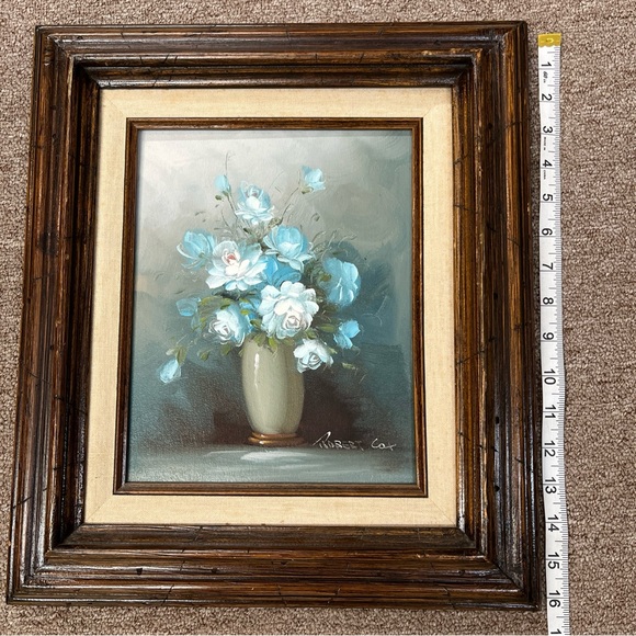 Robert Cox Signed Oil Painting Roses Floral Vase Framed Vintage Blue 8x10 Framed - Picture 8 of 9